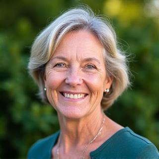 Professional headshot of a smiling woman with a background of lush greenery.