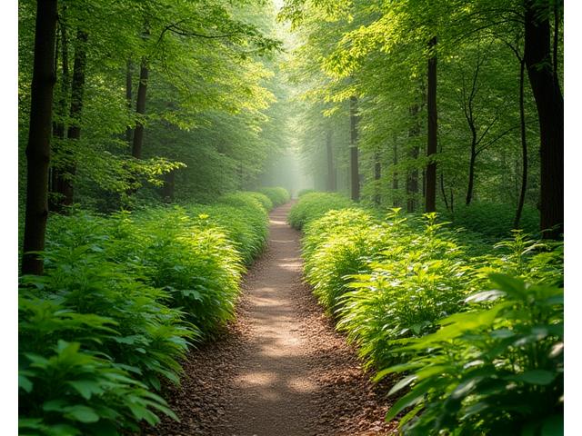 Natural trail winding through a lush, vibrant green forest, symbolizing balance and sustainable stewardship.