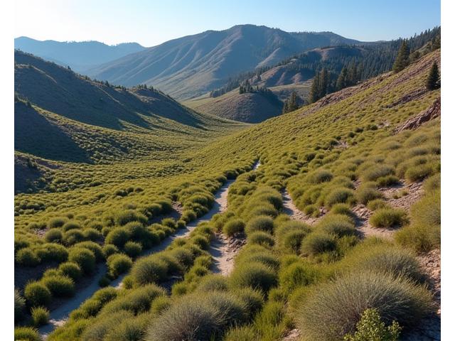 An aerial view of a transformed 10-acre property in the Boise Foothills, showing newly established native vegetation and gentle trails.