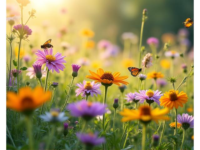 A vibrant meadow with various native flowers attracting bees and butterflies.