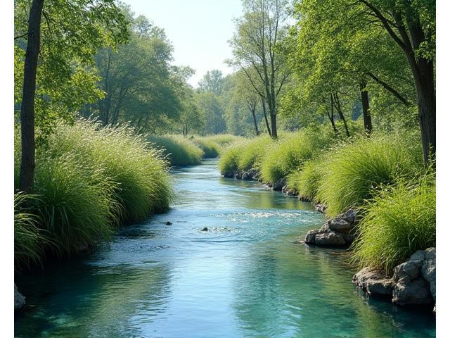 A gentle stream flowing through healthy riverside vegetation, illustrating water conservation.
