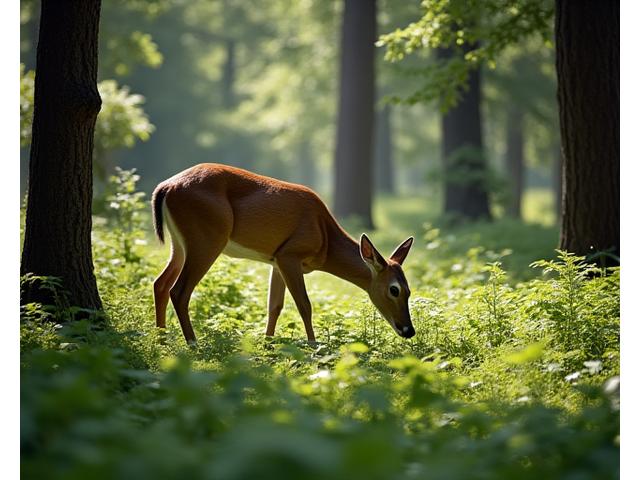 A small deer grazing peacefully in a lush, healthy forest habitat.