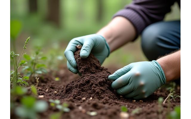 Scientist collecting soil samples in a diverse forest ecosystem