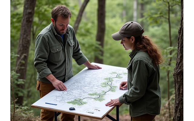 People discussing a trail design map in a natural setting